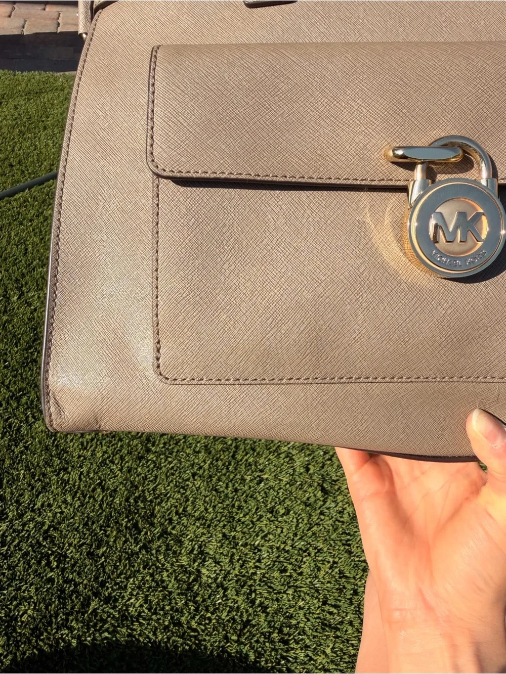 Michael Kors Taupe Saffiano Satchel with Gold Hardware